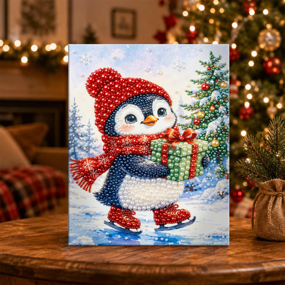 Penguin Skating with a Gift pearl painting – image 5
