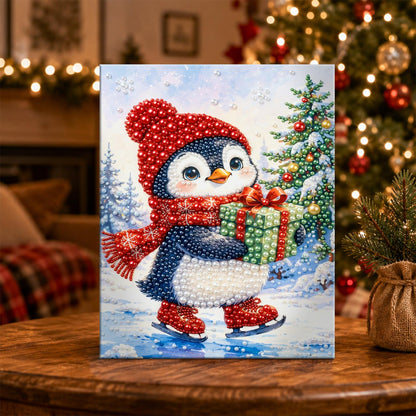 Penguin Skating with a Gift pearl painting – image 5