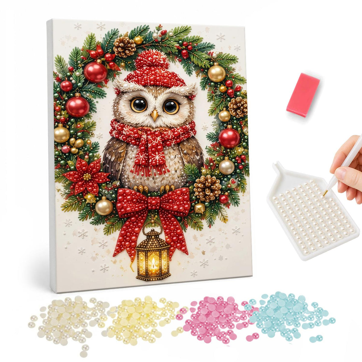 Owl in a Lantern-Hung Wreath pearl painting – Owl in a red knit hat and scarf inside a bauble wreath with a red bow and a hanging lantern