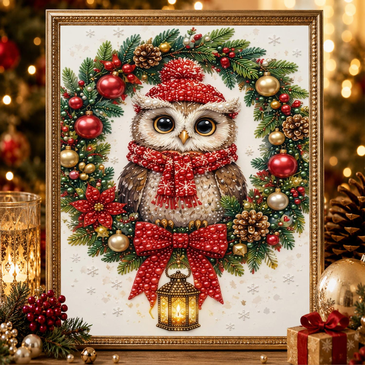 Owl in a Lantern-Hung Wreath pearl painting – image 2