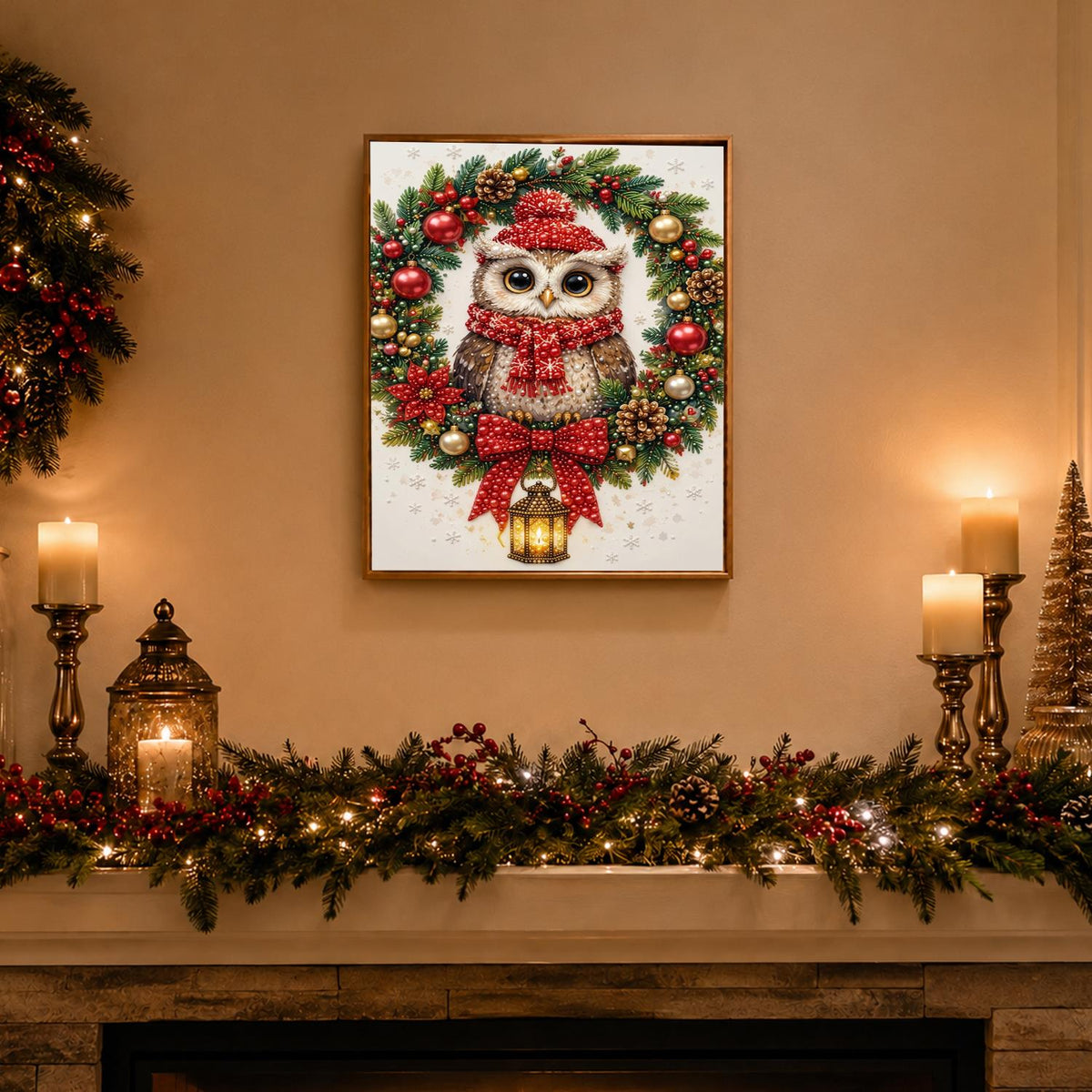Owl in a Lantern-Hung Wreath pearl painting – image 3