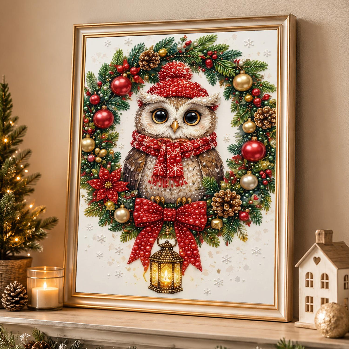 Owl in a Lantern-Hung Wreath pearl painting – image 4