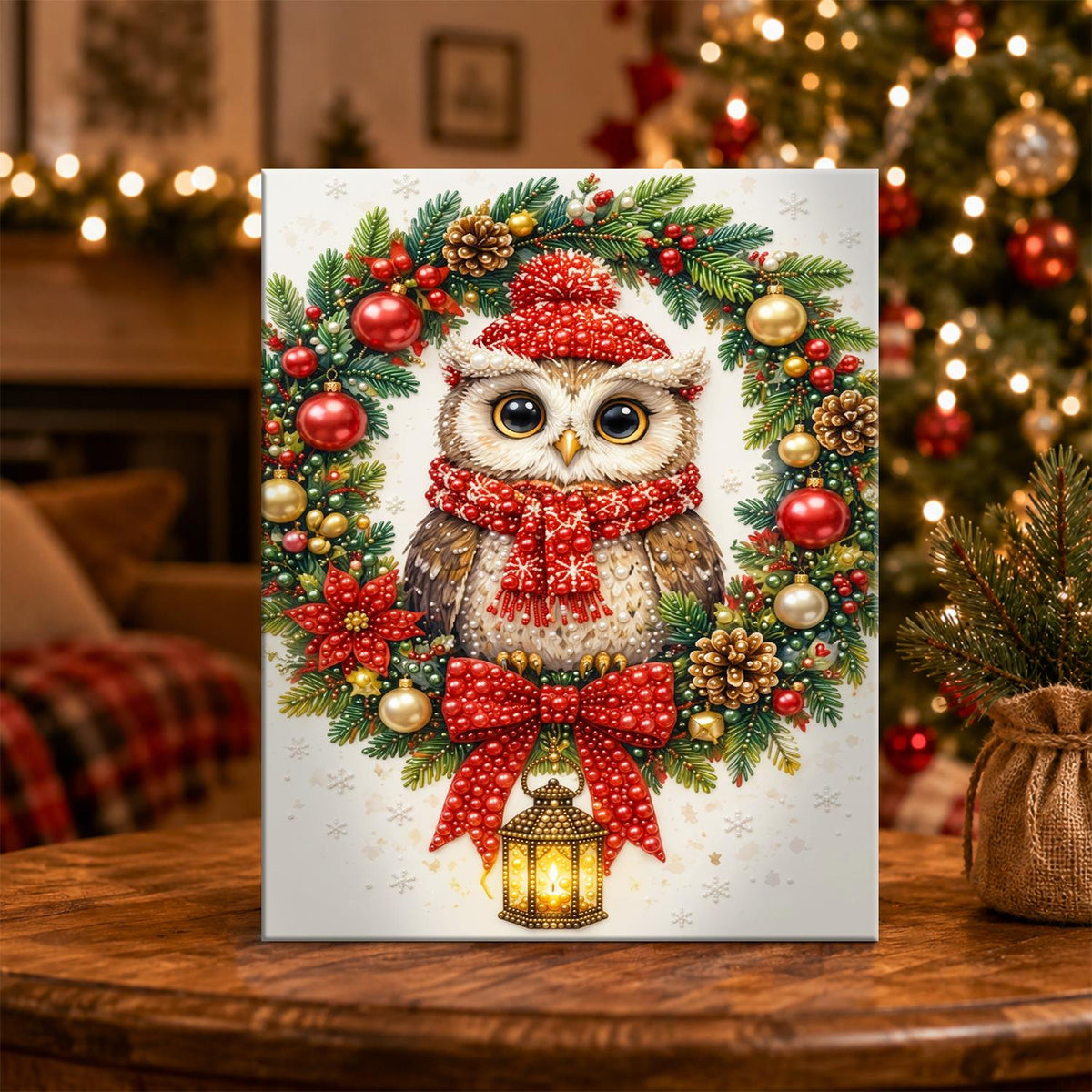 Owl in a Lantern-Hung Wreath pearl painting – image 5