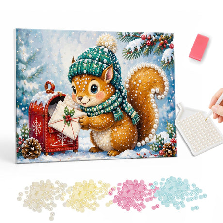 Squirrel Mailing a Christmas Card pearl painting – Squirrel in a teal knit hat and scarf slipping a letter into a red mailbox under snowy branches