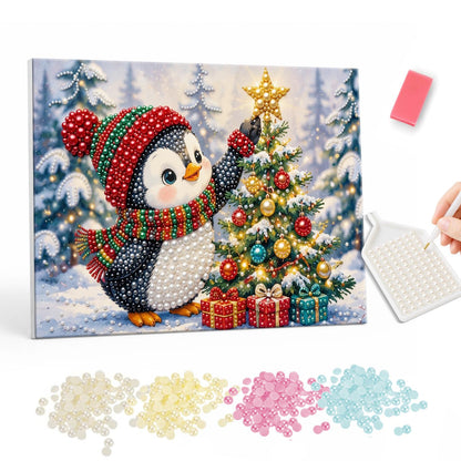 Penguin Crowning the Tree pearl painting – Penguin in a red knit hat and striped scarf setting a gold star atop a decorated tree with gifts