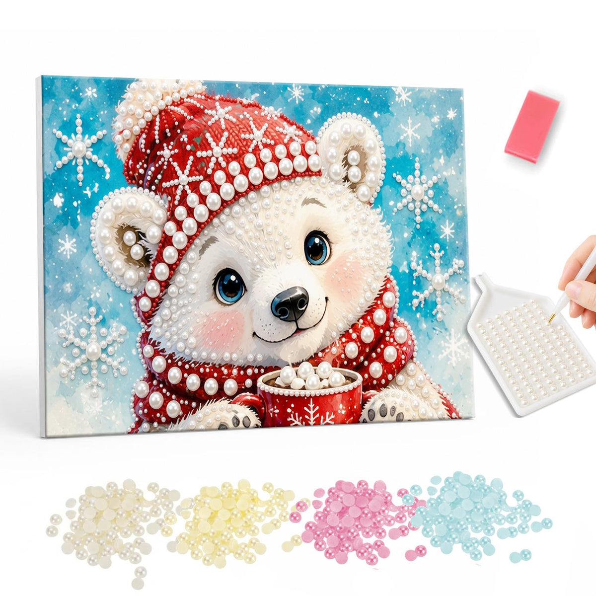 Polar Bear Cub's Cocoa Break pearl painting – White bear cub in a red knit bobble hat and scarf with a mug of cocoa against a snowflake sky