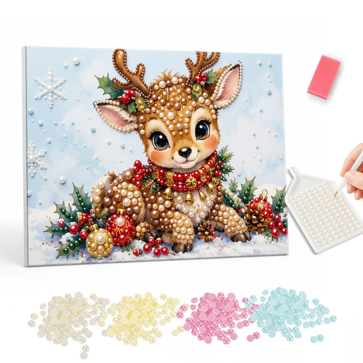 Snow-Nestled Fawn with Holly pearl painting – Big-eyed antlered fawn lying in snow with a holly garland, red berries and gold baubles