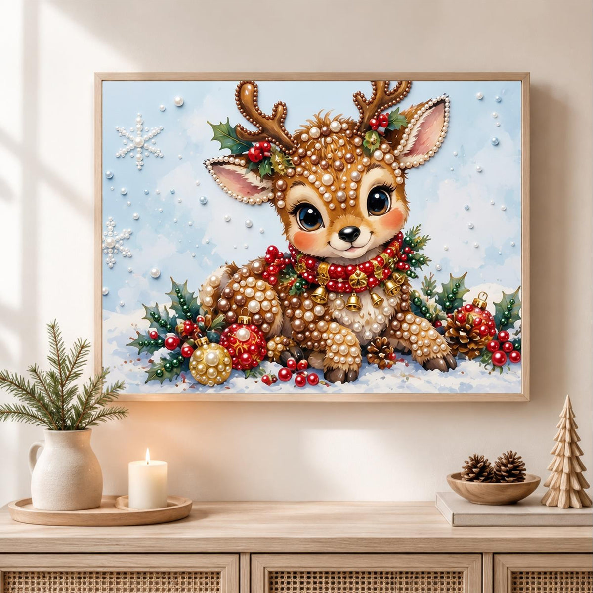 Snow-Nestled Fawn with Holly pearl painting – image 2