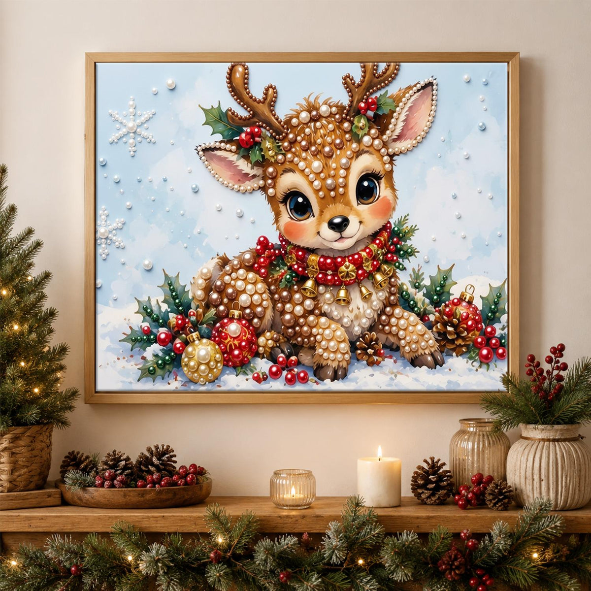 Snow-Nestled Fawn with Holly pearl painting – image 3