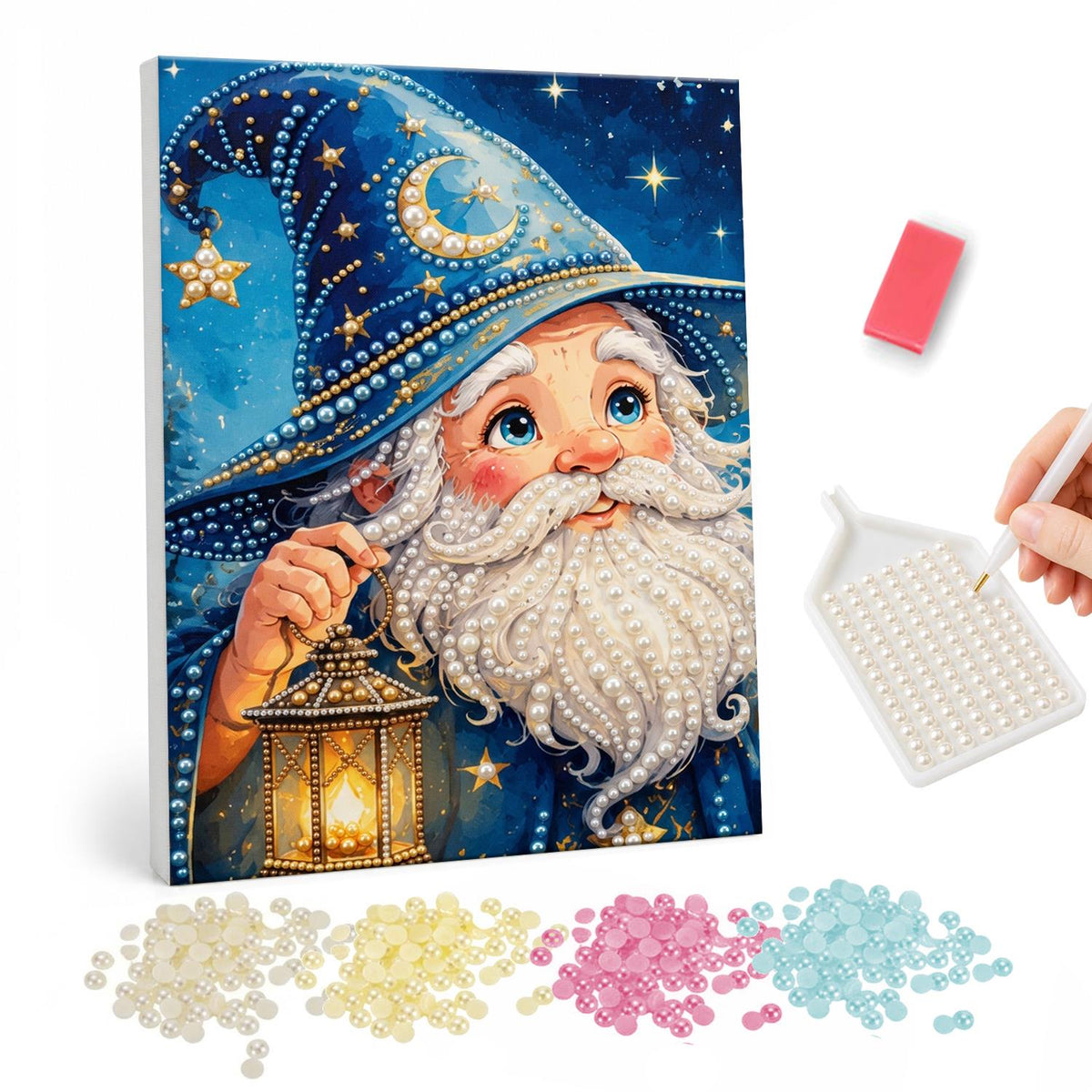 Moonlit Wizard-Hat Santa pearl painting – Santa in a blue starry wizard hat with a crescent moon holding a glowing lantern