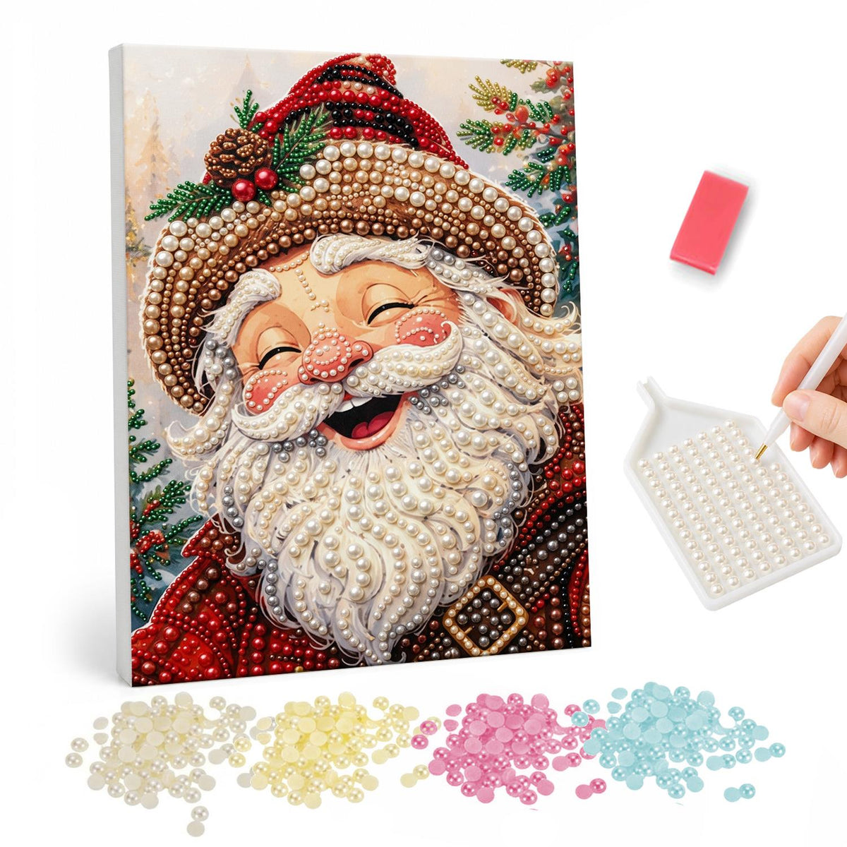 Belly-Laugh Santa with Pine Cone pearl painting – Laughing Santa with closed eyes and a curly beard in a red hat trimmed with a pine cone and holly
