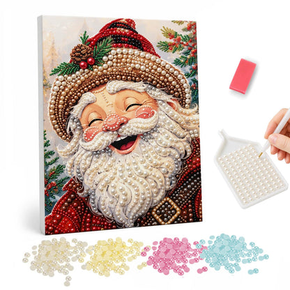 Belly-Laugh Santa with Pine Cone pearl painting – Laughing Santa with closed eyes and a curly beard in a red hat trimmed with a pine cone and holly