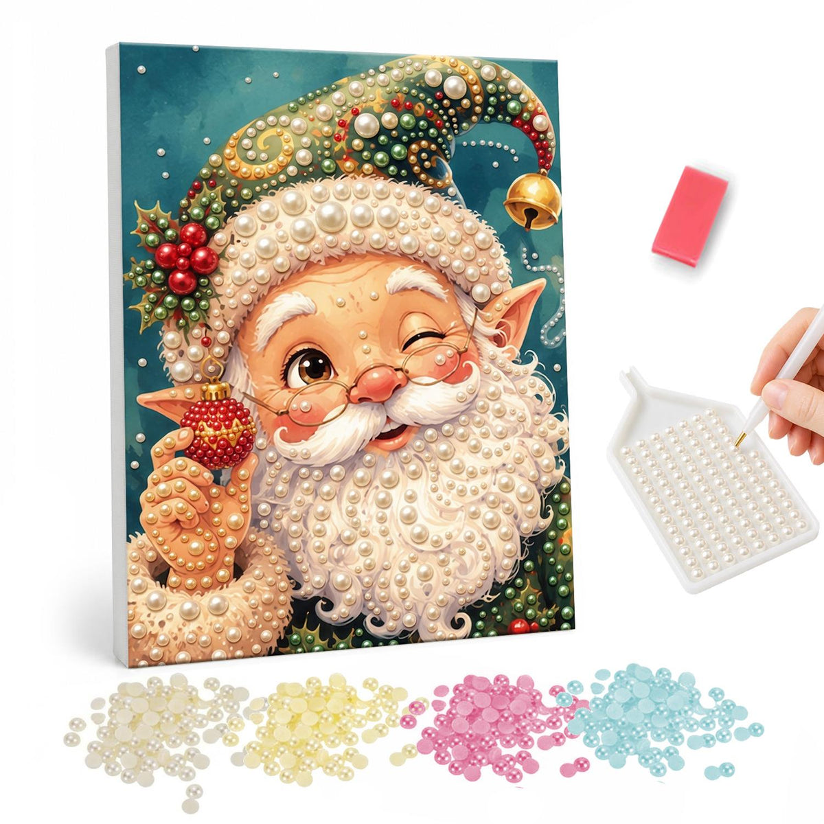 Winking Elf-Eared Santa pearl painting – Winking Santa with pointed ears in a green and gold elf hat with a bell, holding a red bauble