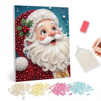 Wide-Eyed Surprised Santa pearl painting – Wide-eyed Santa with an open-mouthed smile, holly on his red hat and a curly white beard on teal