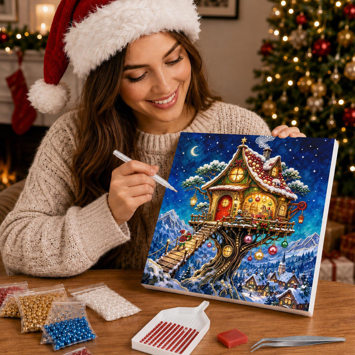Lantern-Lit Winter Treehouse pearl painting – image 16