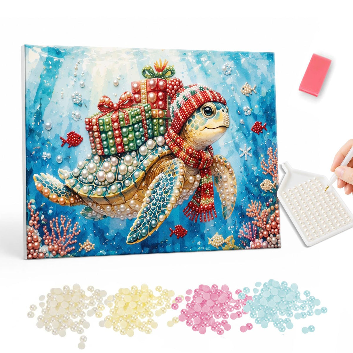 Sea Turtle Carrying Presents pearl painting – Sea turtle in a knit hat and scarf carrying stacked gifts on its shell through a coral reef