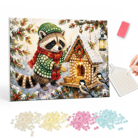 Raccoon at the Snowy Birdhouse pearl painting – Raccoon in a green knit hat and red scarf beside a snowy birdhouse visited by chickadees