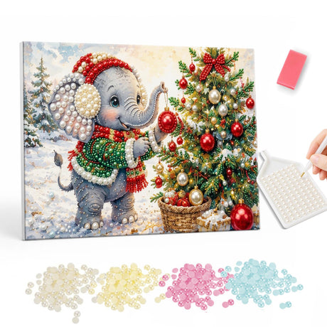 Elephant Decorating a Tree pearl painting – Baby elephant in a Santa hat and green sweater hanging ornaments on a Christmas tree in the snow