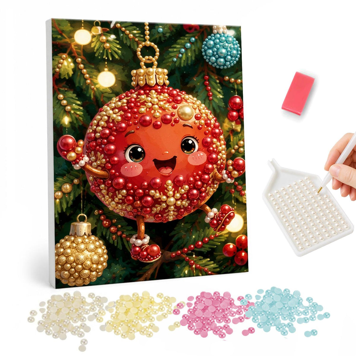 Smiling Red Bauble Buddy pearl painting – Smiling red Christmas bauble character with gold trim, arms and legs hanging on a lit tree