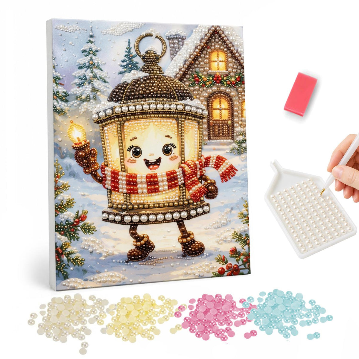 Cheery Lantern on a Snowy Stroll pearl painting – Smiling lantern character in a striped scarf holding a candle and walking through snow by a cottage
