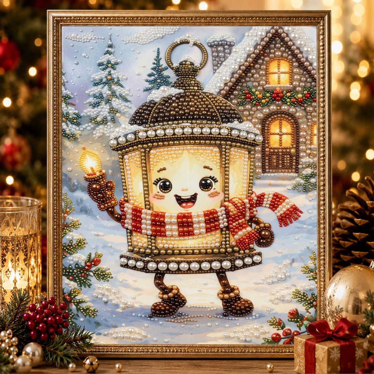 Cheery Lantern on a Snowy Stroll pearl painting – image 2
