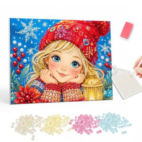Girl in Red Winter Hat pearl painting – image 1