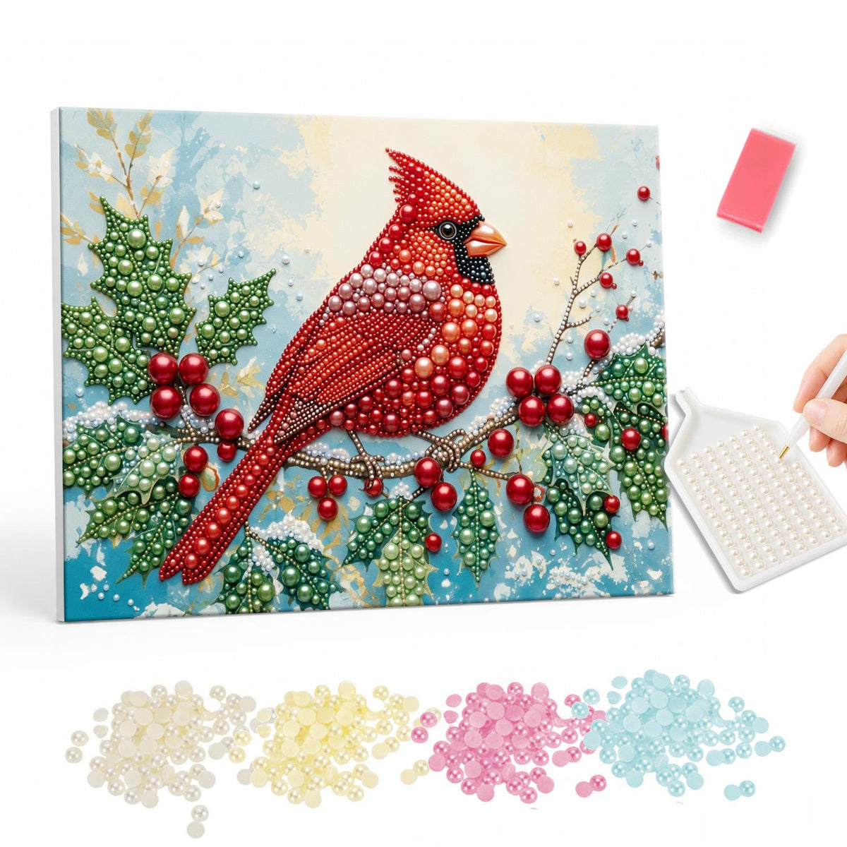 Cardinal on a Holly Berry Branch pearl painting – Red cardinal perched on a holly branch with red berries against a soft teal background