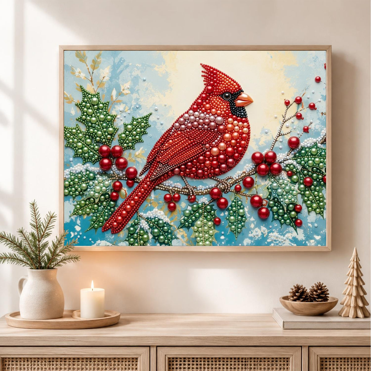 Cardinal on a Holly Berry Branch pearl painting – image 2