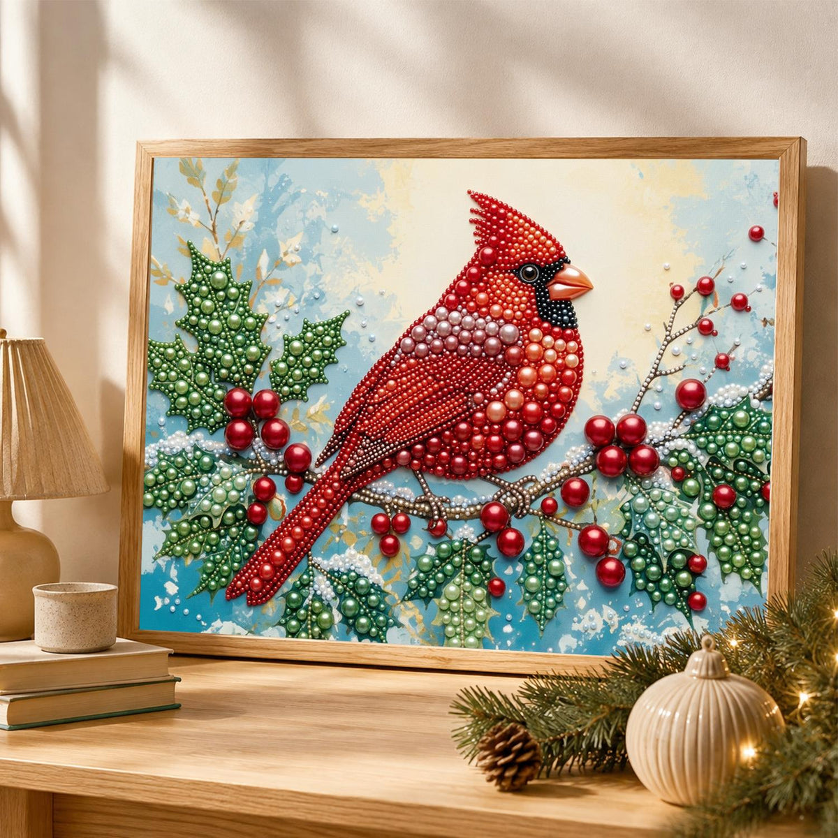 Cardinal on a Holly Berry Branch pearl painting – image 4