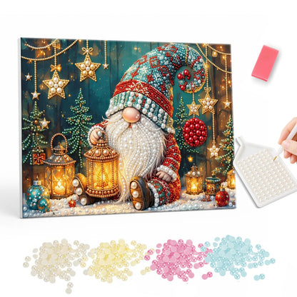 Gnome Among Lanterns and Stars pearl painting – Bearded gnome in a tall knit hat sitting among glowing lanterns, gold stars and small trees