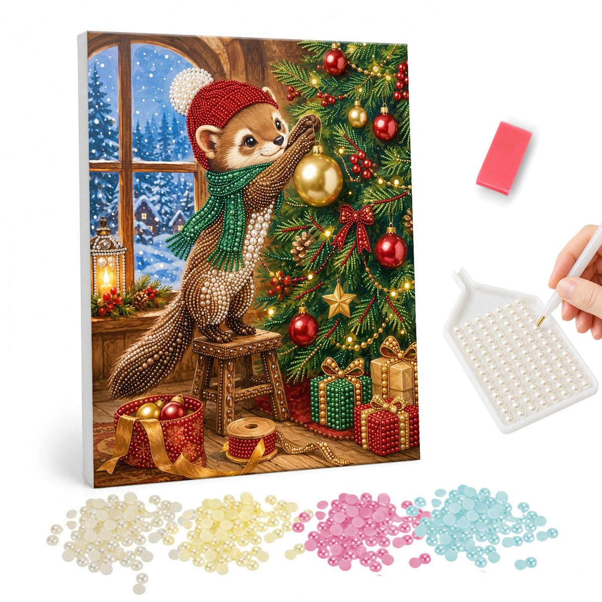 Weasel Decorating by the Window pearl painting – Weasel in a red hat and green scarf hanging a gold bauble on a Christmas tree beside a snowy window