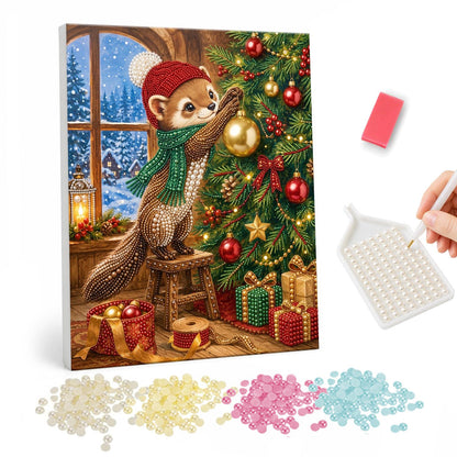 Weasel Decorating by the Window pearl painting – Weasel in a red hat and green scarf hanging a gold bauble on a Christmas tree beside a snowy window
