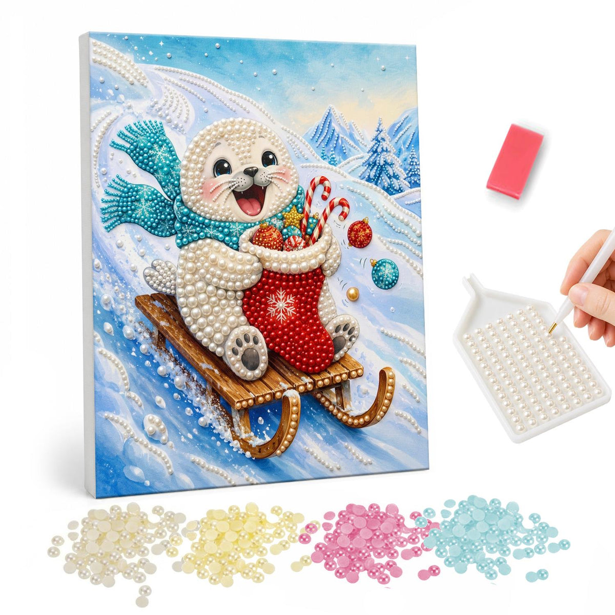 Teal-Scarf Seal on a Toboggan pearl painting – White seal pup in a teal scarf sledding down a snowy slope with a stocking full of gifts