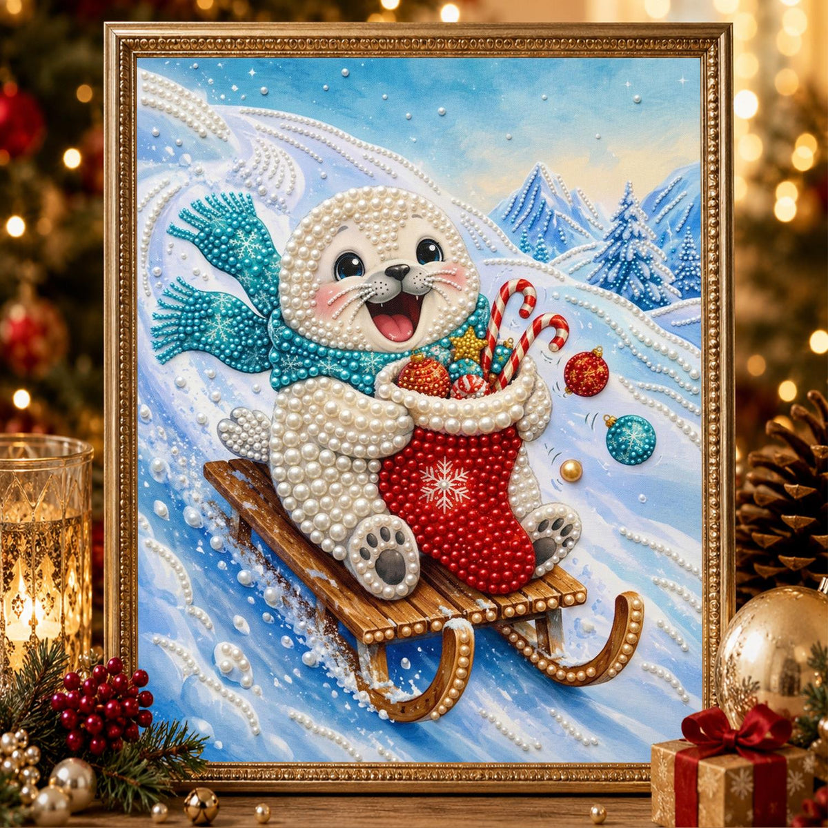 Teal-Scarf Seal on a Toboggan pearl painting – image 2
