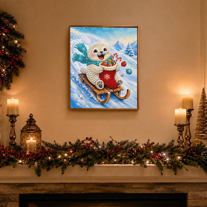 Teal-Scarf Seal on a Toboggan pearl painting – image 3