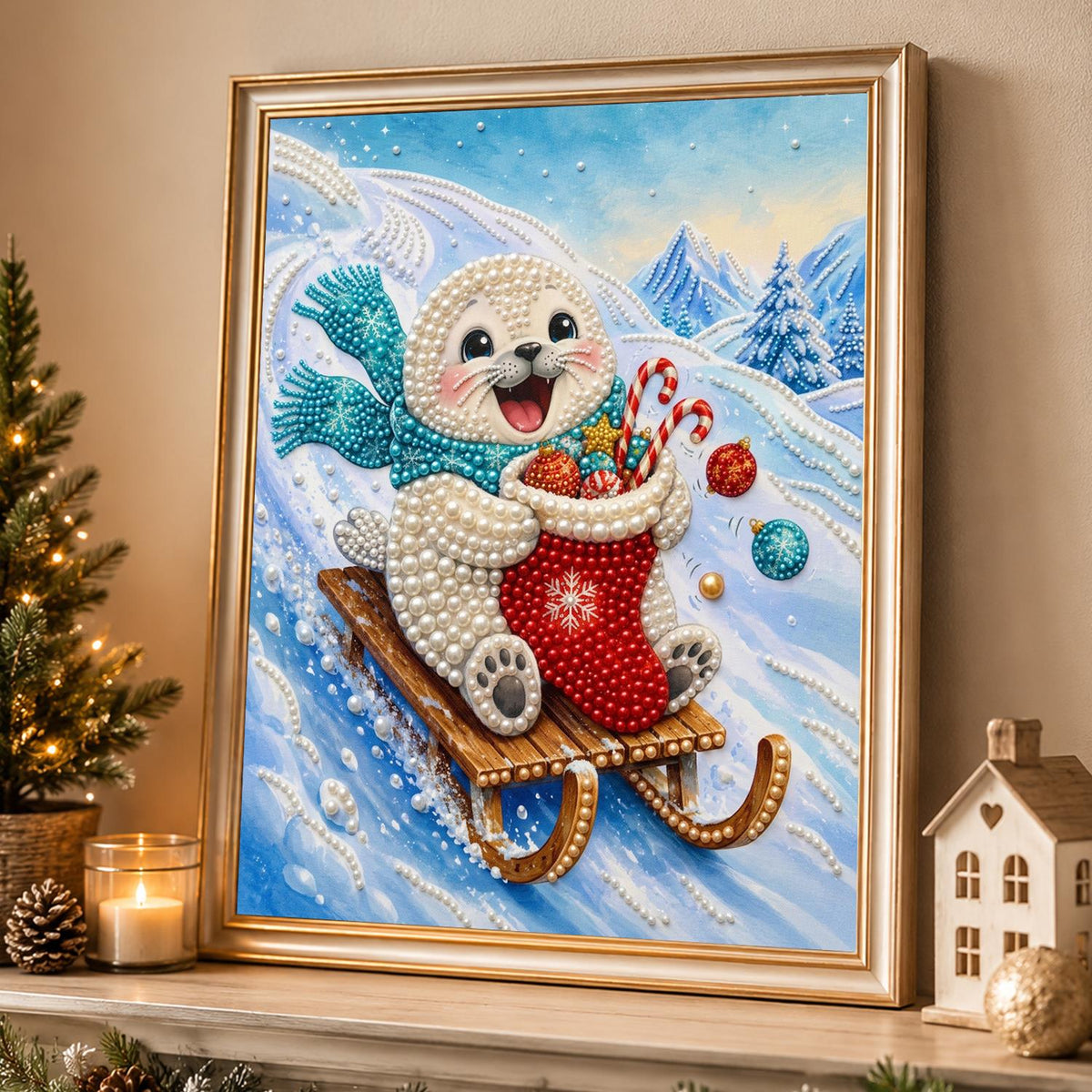 Teal-Scarf Seal on a Toboggan pearl painting – image 4