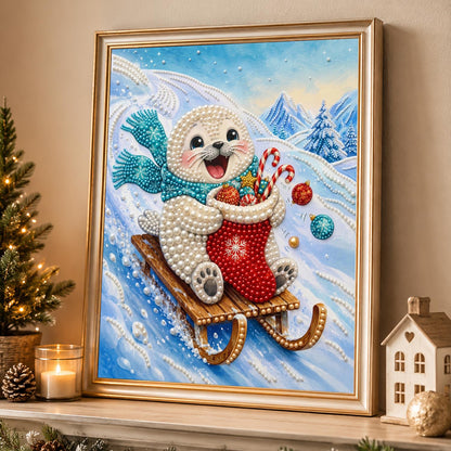 Teal-Scarf Seal on a Toboggan pearl painting – image 4