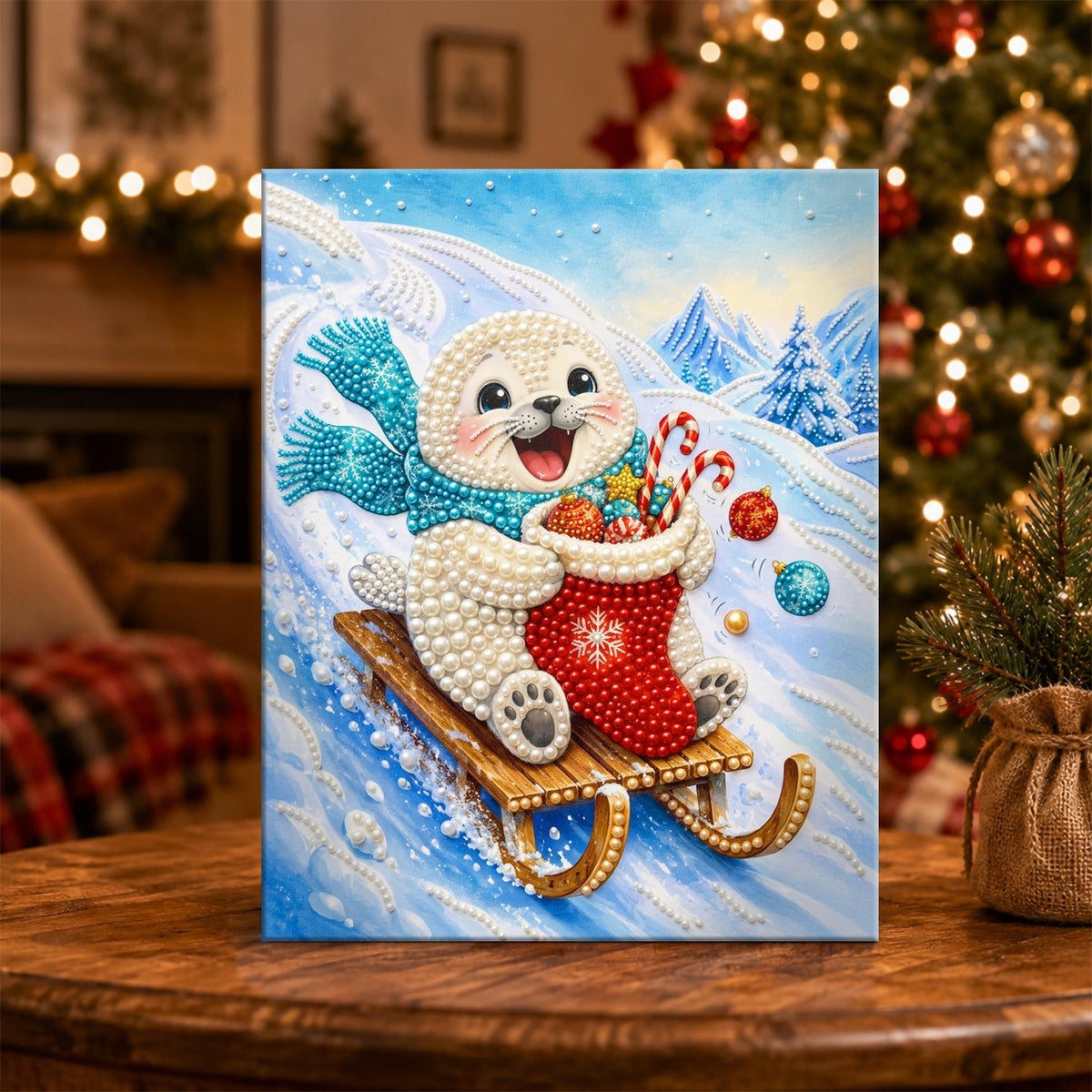Teal-Scarf Seal on a Toboggan pearl painting – image 5