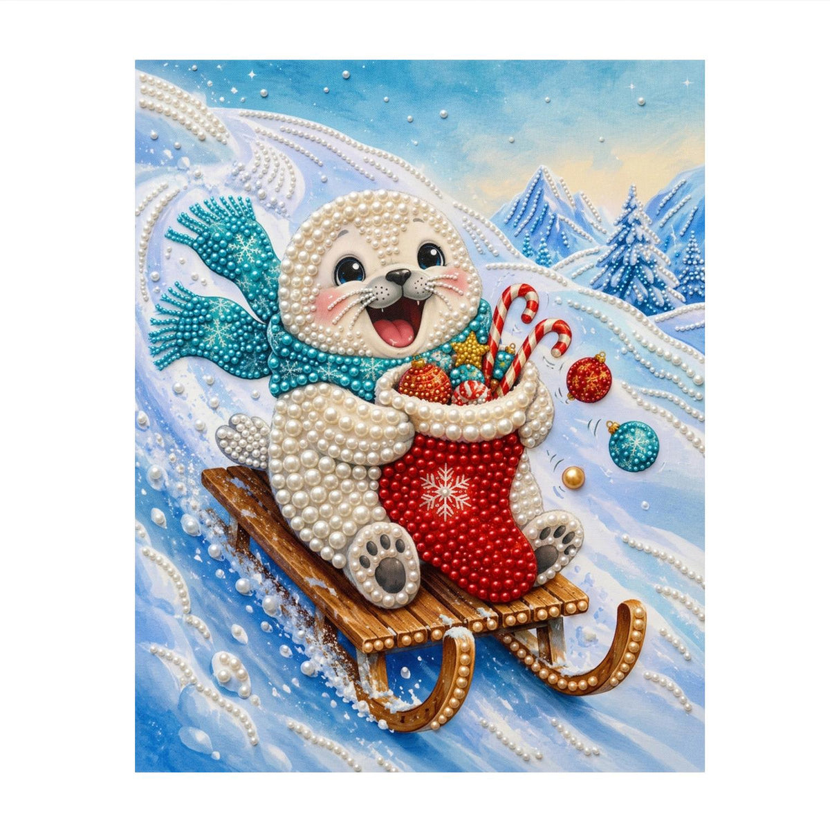 Teal-Scarf Seal on a Toboggan pearl painting – image 11
