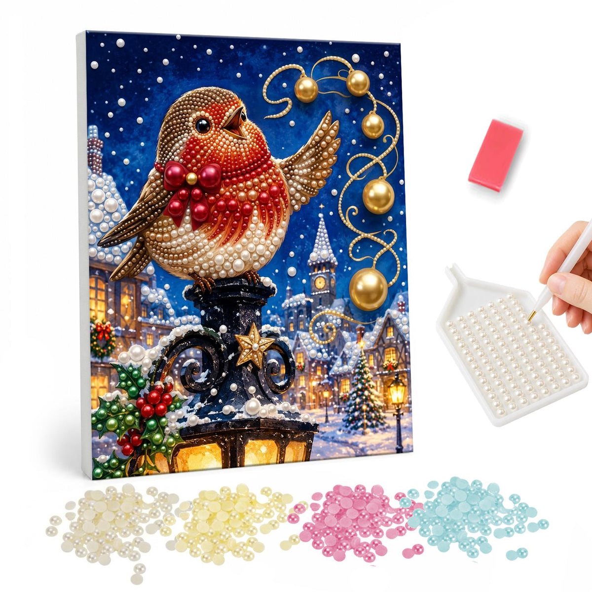 Robin on a Lamppost at Night pearl painting – Robin perched on an ornate street lamp with gold baubles above a snowy village at night