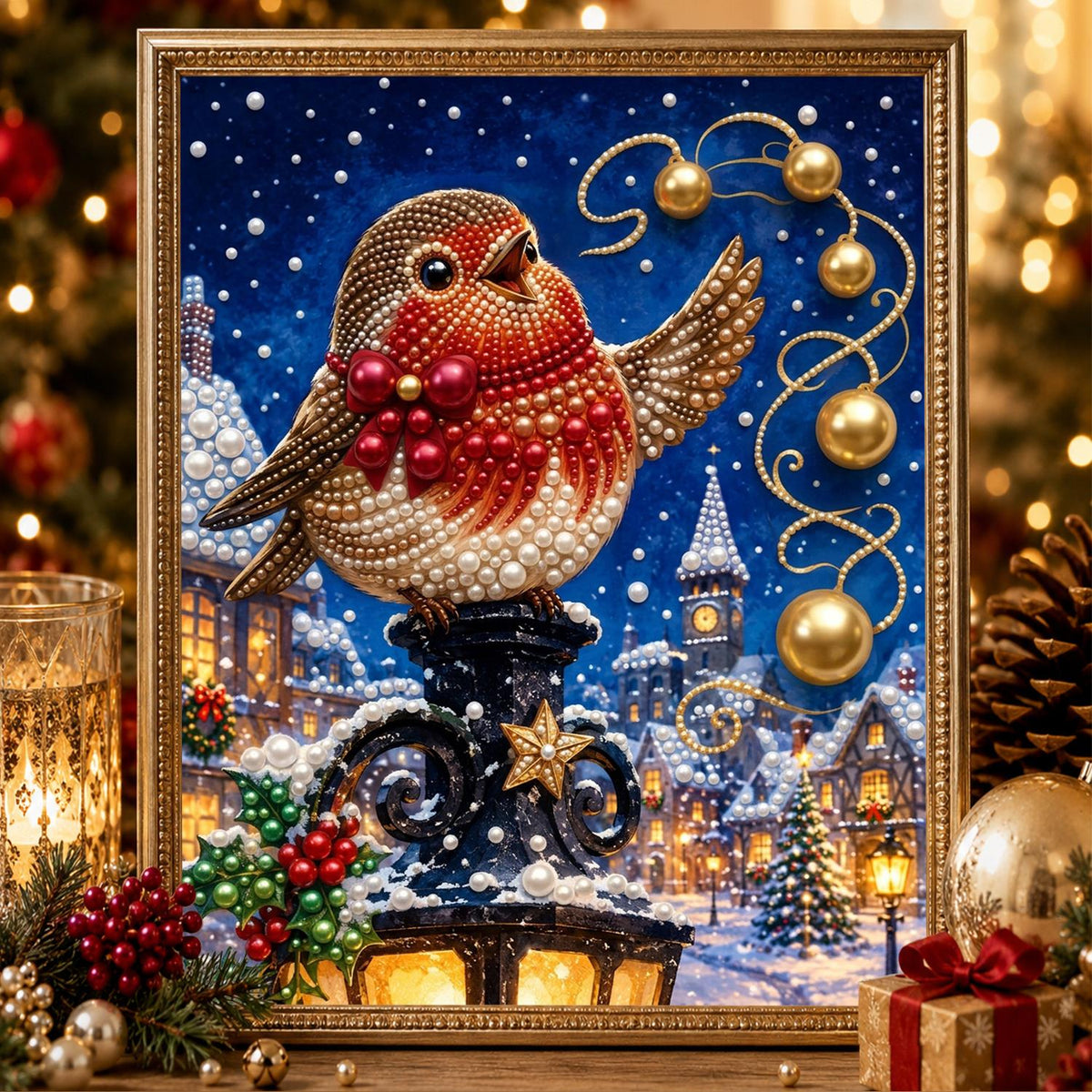 Robin on a Lamppost at Night pearl painting – image 2