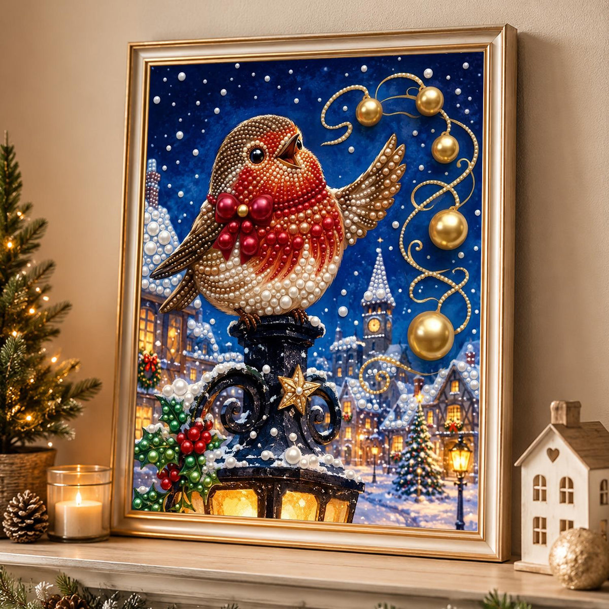Robin on a Lamppost at Night pearl painting – image 4