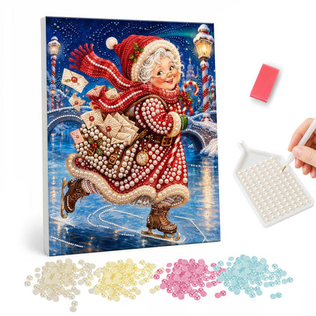 Santa Skating Through a Snowy Village pearl painting – image 1