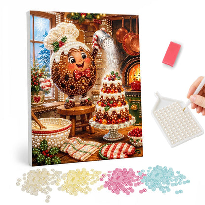 Gingerbread Chef Frosting a Cake pearl painting – Round gingerbread character in a chef hat sprinkling sugar over a tiered cake in a cosy kitchen