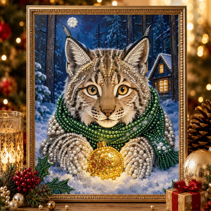 Lynx Cradling a Golden Bauble pearl painting – image 2