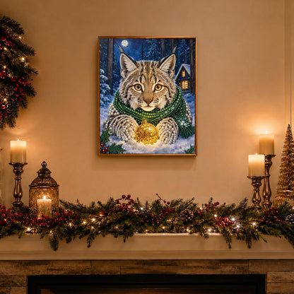 Lynx Cradling a Golden Bauble pearl painting – image 3