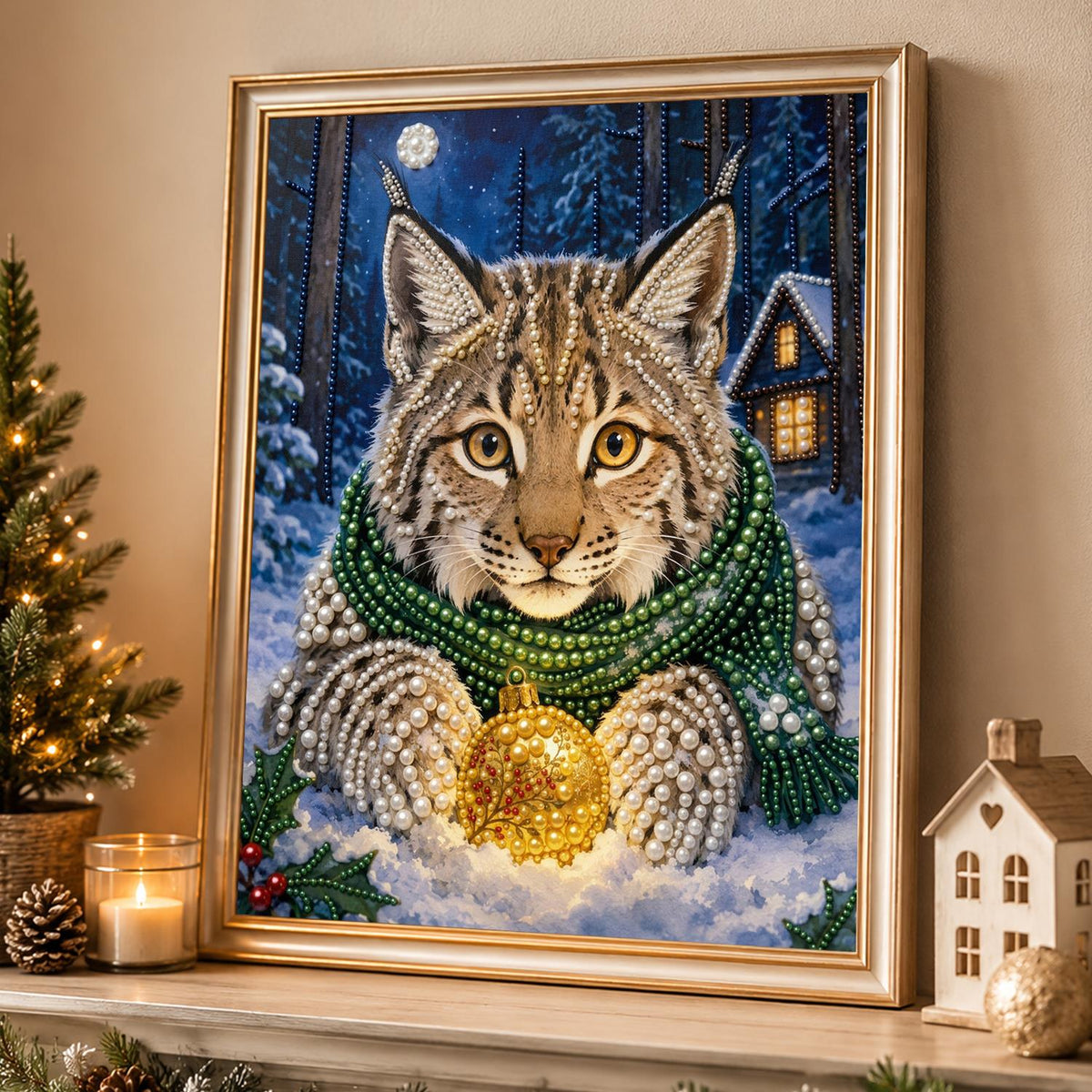 Lynx Cradling a Golden Bauble pearl painting – image 4