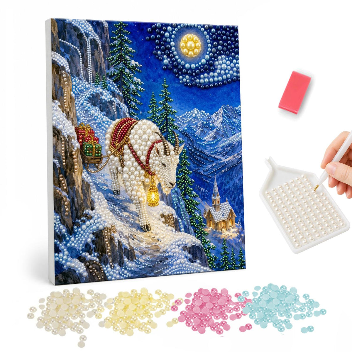Mountain Goat on a Moonlit Ridge pearl painting – White mountain goat with a red saddle blanket and lantern climbing a snowy cliff path under a full moon