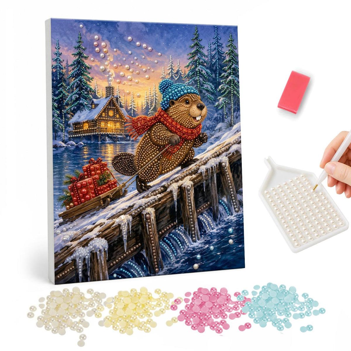 Beaver Crossing a Log Bridge pearl painting – Beaver in a blue knit hat and red scarf crossing a snowy log bridge pulling a sled of gifts at dusk