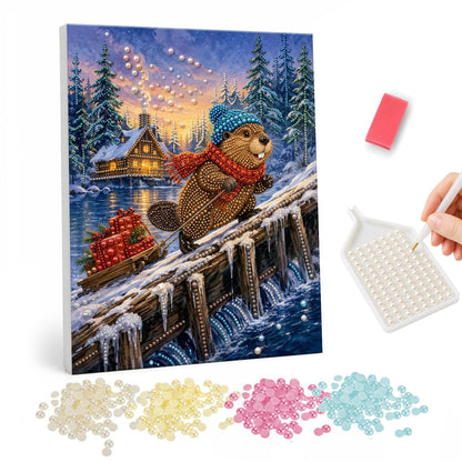 Beaver Crossing a Log Bridge pearl painting – Beaver in a blue knit hat and red scarf crossing a snowy log bridge pulling a sled of gifts at dusk